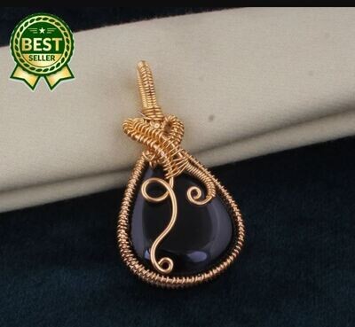 Black Onyx 14k Gold Plated Wire Wrapped Wedding Necklace Pendant For Women, Handmade Pear Gemstone Gold Pendant Gifts For Her Jewelry