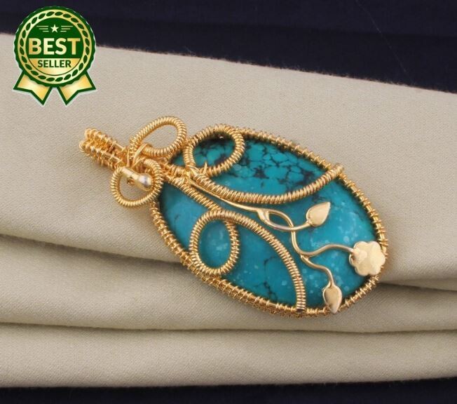 14k Gold Plated Wire Wrapped Tibetan Turquoise Wedding Necklace Pendant For Women, Handmade Oval Gemstone Gold Pendant Gifts For Her Jewelry