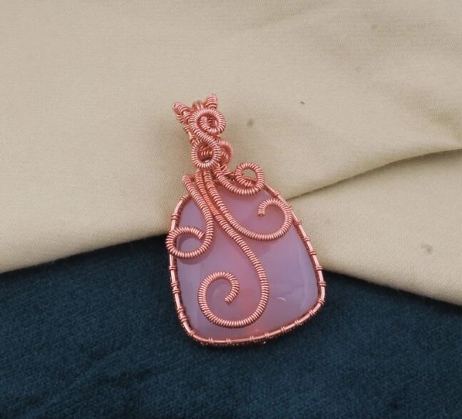 Copper Wire Wrapped Pink Chalcedony Wedding Necklace Pendant For Women, Handmade Cushion Gemstone Copper Pendant Gifts Idea For Her Jewelry