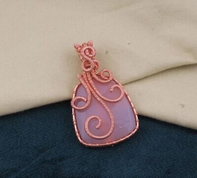 Copper Wire Wrapped Pink Chalcedony Wedding Necklace Pendant For Women, Handmade Cushion Gemstone Copper Pendant Gifts Idea For Her Jewelry