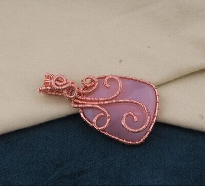 Copper Wire Wrapped Pink Chalcedony Wedding Necklace Pendant For Women, Handmade Cushion Gemstone Copper Pendant Gifts Idea For Her Jewelry