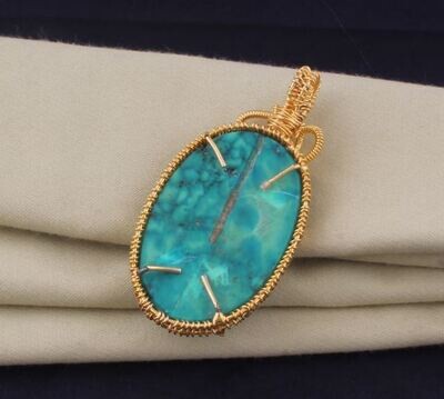 14k Gold Plated Wire Wrapped Tibetan Turquoise Wedding Necklace Pendant For Women, Handmade Oval Gemstone Gold Pendant Gifts For Her Jewelry