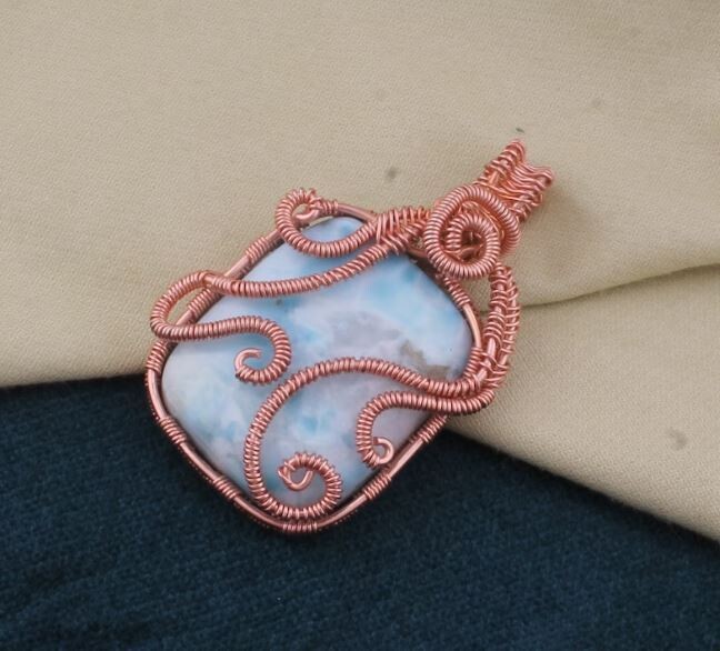 Copper Wire Wrapped Natural Larimar Wedding Necklace Pendant For Women, Handmade Cushion Gemstone Copper Pendant Gifts Idea For Her Jewelry