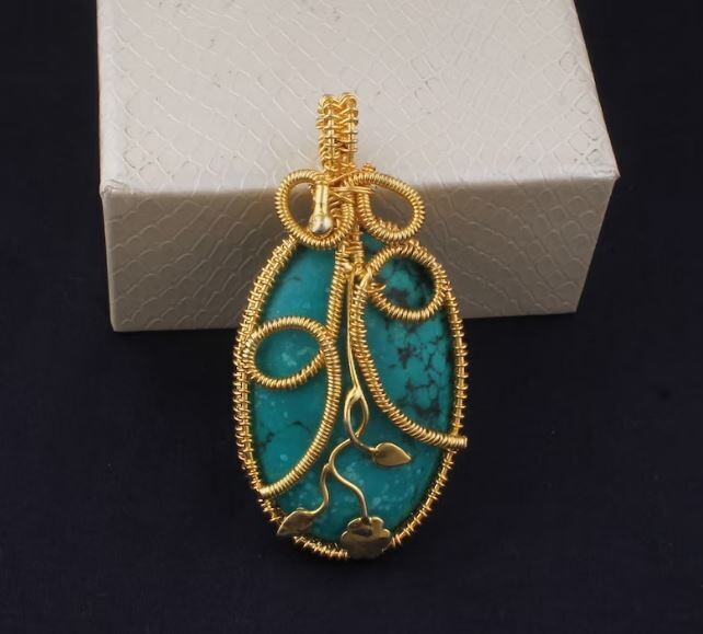14k Gold Plated Wire Wrapped Tibetan Turquoise Wedding Necklace Pendant For Women, Handmade Oval Gemstone Gold Pendant Gifts For Her Jewelry