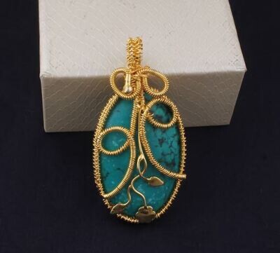 14k Gold Plated Wire Wrapped Tibetan Turquoise Wedding Necklace Pendant For Women, Handmade Oval Gemstone Gold Pendant Gifts For Her Jewelry
