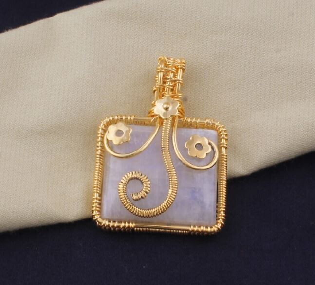 14kt Gold Plated Wire Wrapped Rainbow Moonstone Wedding Necklace Pendant For Women, Handmade Rectangle Stone Gold Pendant Gifts Idea Jewelry