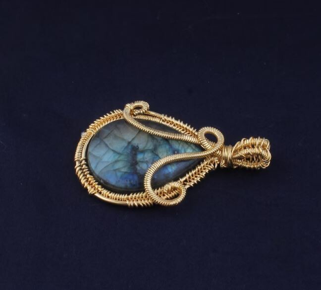 14kt Gold Plated Wire Wrapped Natural Labradorite Wedding Necklace Pendant For Women, Handmade Pear Gemstone Gold Pendant Gifts Idea Jewelry