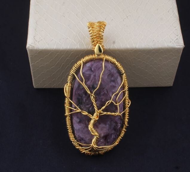 14kt Gold Plated Wire Wrapped Natural Charoite Wedding Necklace Pendant For Women, Handmade Oval Gemstone Gold Pendant Gifts For Her Jewelry