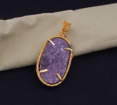 14kt Gold Plated Wire Wrapped Natural Charoite Wedding Necklace Pendant For Women, Handmade Oval Gemstone Gold Pendant Gifts For Her Jewelry