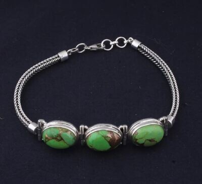 Solid 925 Sterling Silver Green Copper Turquoise Gemstones Adjustable Three Stone Bracelet For Women, Handmade Oval Bohemian Bracelet Gift