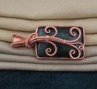 Malachite Pendant Gemstone, Copper Wire Pendant, Rose Gold Plated Copper Wire Wrapped Jewelry, Malachite Copper Jewelry, Handmade Pendant,