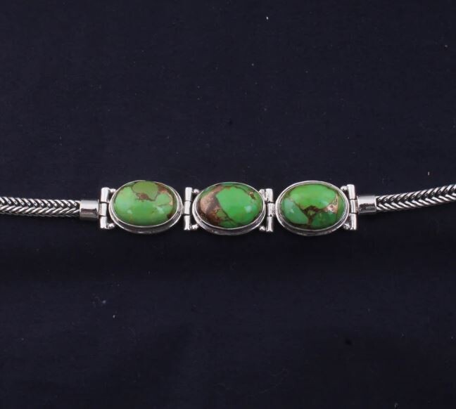 Solid 925 Sterling Silver Green Copper Turquoise Gemstones Adjustable Three Stone Bracelet For Women, Handmade Oval Bohemian Bracelet Gift