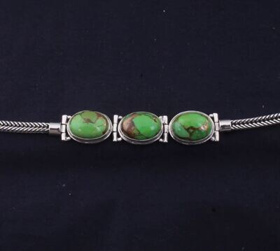 Solid 925 Sterling Silver Green Copper Turquoise Gemstones Adjustable Three Stone Bracelet For Women, Handmade Oval Bohemian Bracelet Gift