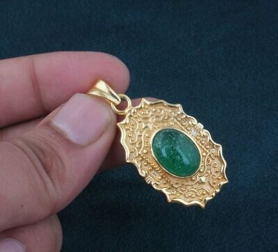 Oval Green Jade Pendant, Gemstone Pendant, 14K Gold Plated Pendant, Birthstone Pendant, Statement Brass Pendant Best Gift Idea For Her