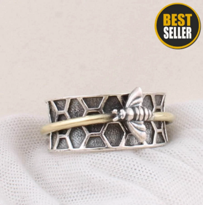 Ring Spinner 925-Sterling Solid Silver Honey Bee Ring, Handicraft Boho Ring, Antique Silver Ring, Thumb Ring, Spinner Ring  Cyber Valentine's Day