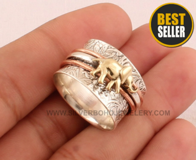 Three Tone Elephant Spinner Ring - 925 Sterling Silver &amp; Brass Carved Meditation Ring -Silver Boho Handmade Ring For Women Jewelry Gift Idea