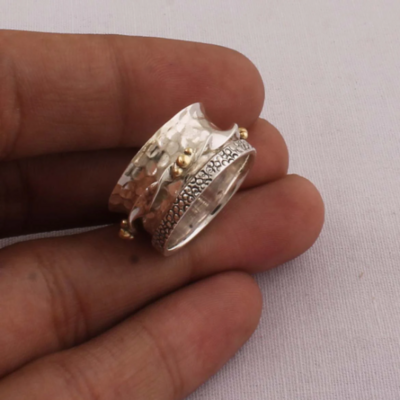 Thumb Ring 925-Antique Silver Ring,Sterling Silver Ring,Handcrafted Boho Ring,Silver With Brass Ring,Spinner Ring,Two Tone Ring Gift For Her