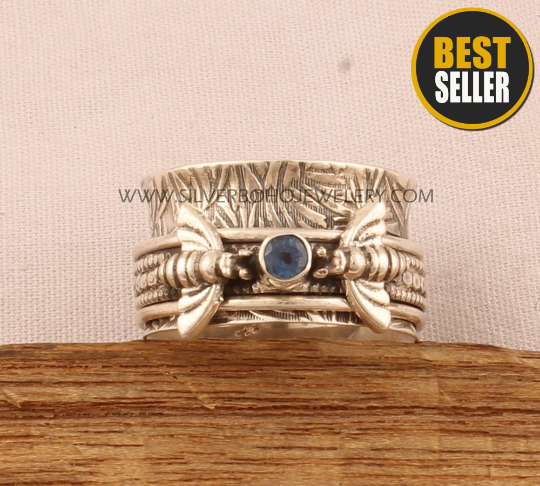 Natural Kyanite Solid 925 Sterling Silver Double Bee Spinner Ring For Women - Designer Handmade Honey Bee Kyanite Solid Silver Anxiety Ring