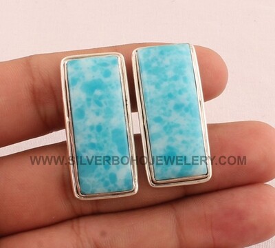 Larimar Cufflink - 925 Sterling Silver Cufflink - Gemstone Cufflink Jewelry - Bar Cufflink - Men's Cufflink Gift For Him