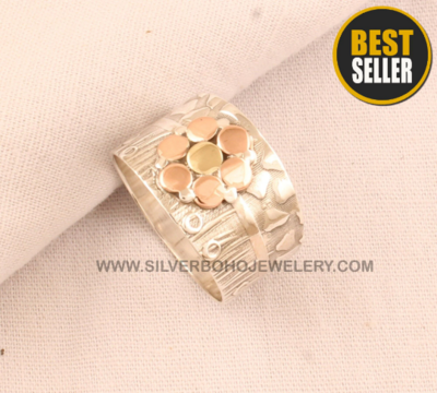 Solid Silver Flower Band Ring - 925 Sterling Silver &amp; Brass Band Ring - Fancy Band Thumb Ring - Handmade Silver Band Ring - Present For Her