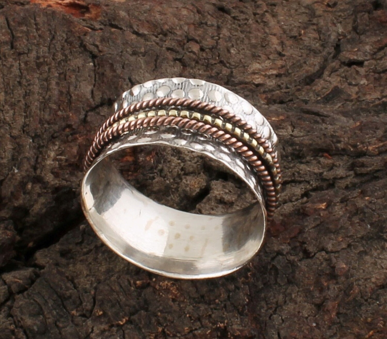 Thump Band Ring / Three Tone Solid 925 Sterling Silver Spinner Ring For Wedding / Handmade Three Tone Meditation Ring For Women -Anxiety Ring Gifts For Her