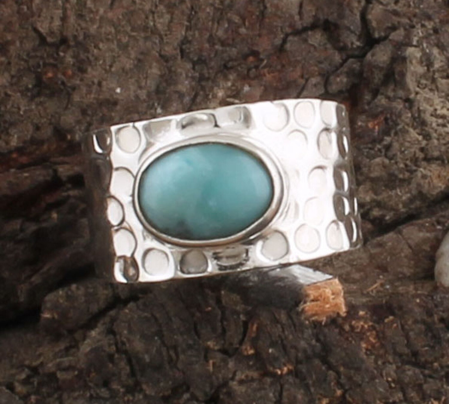 Solid 925 Sterling Silver Natural Larimar Gemstone Ring / Hammered Oval Shape Band Ring / Handmade Ring For Women Weddings Gifts Idea