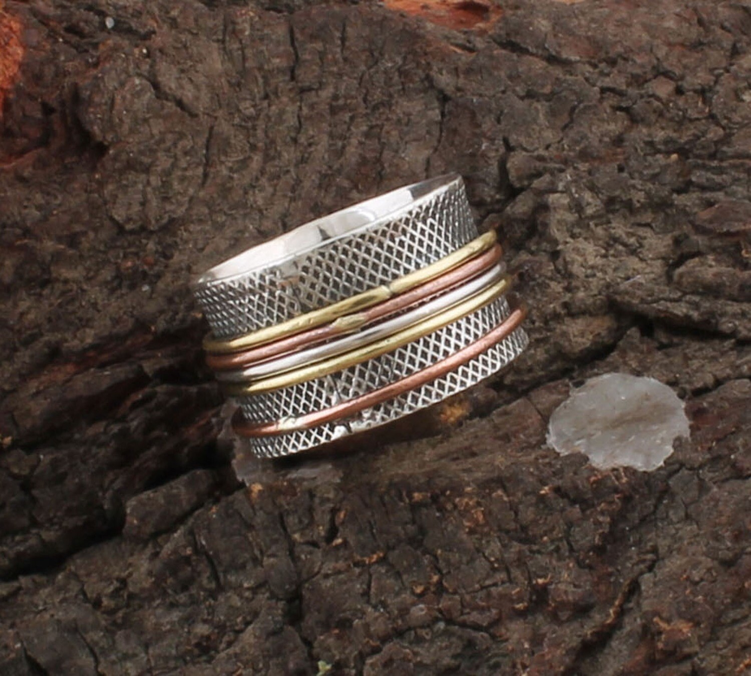 Three Tone  Ring - Family Silver Spinner Band Ring - Antique Silver Textured Designer Spinner Ring - Thumb Ring For Anniversary Weddings Gifts Idea