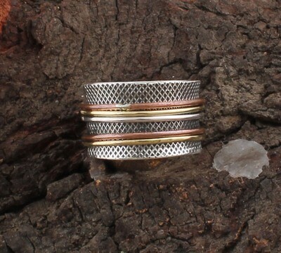 925 Sterling Silver &amp; Brass AAA+Quality Three Tone  Ring - Family Silver Spinner Band Ring - Antique Silver Textured Designer Spinner Ring - Thumb Ring For Anniversary Weddings Gifts Idea