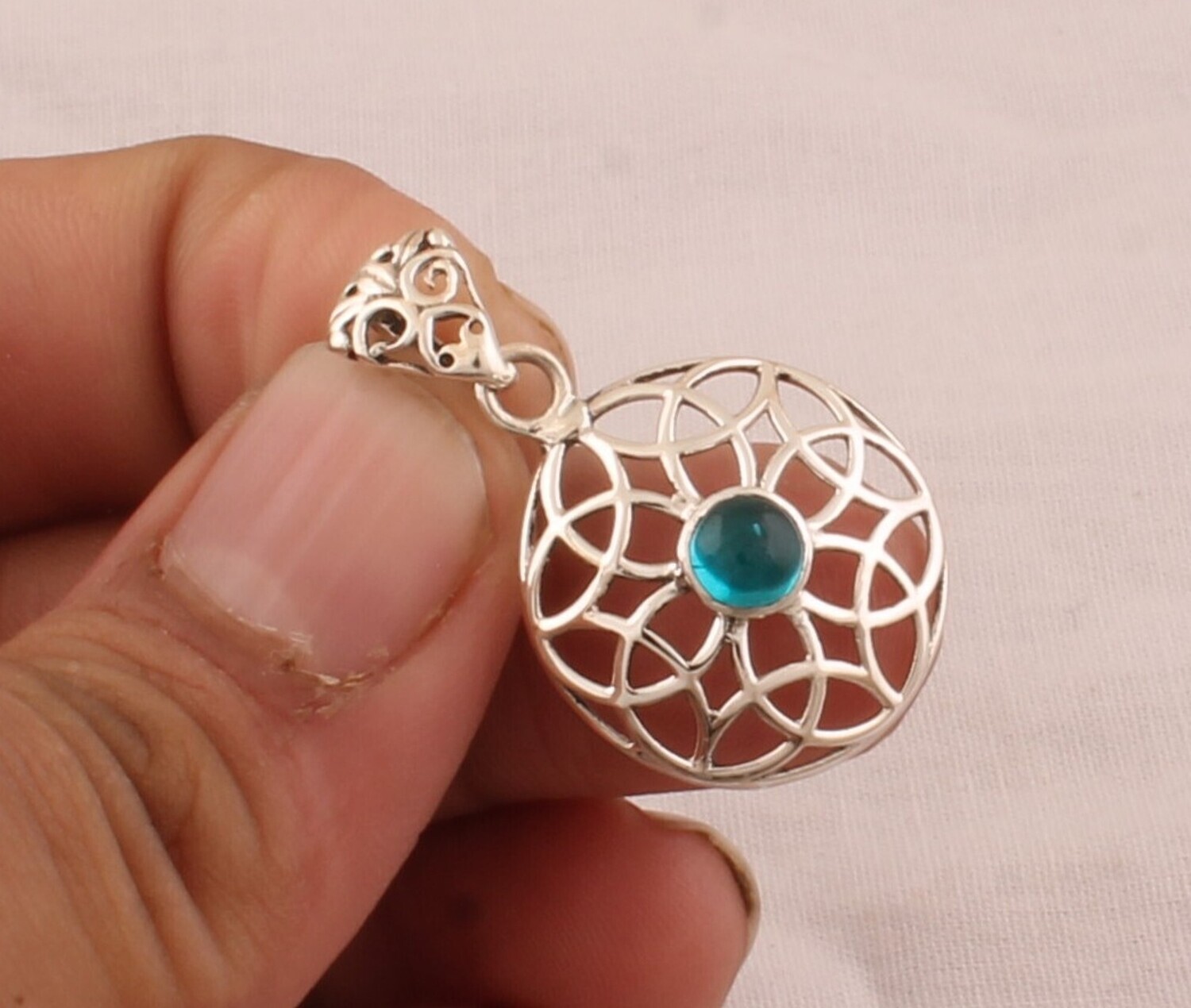 925 Sterling Silver Blue Topaz Gemstone Necklace, AAA+Quality, Round Necklace, Flower Pendant , Handcrafted Christmas Necklace