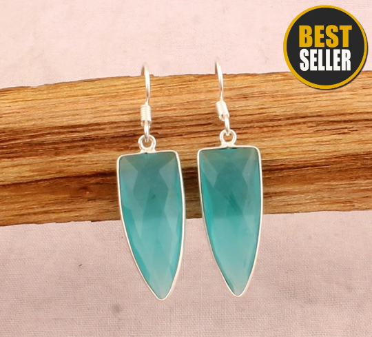 925 Sterling Silver Bezel Set Aqua Blue Chalcedony Earrings - Faceted Dagger Gemstone Earrings - Handmade Earrings - Women Jewelry Gift Idea