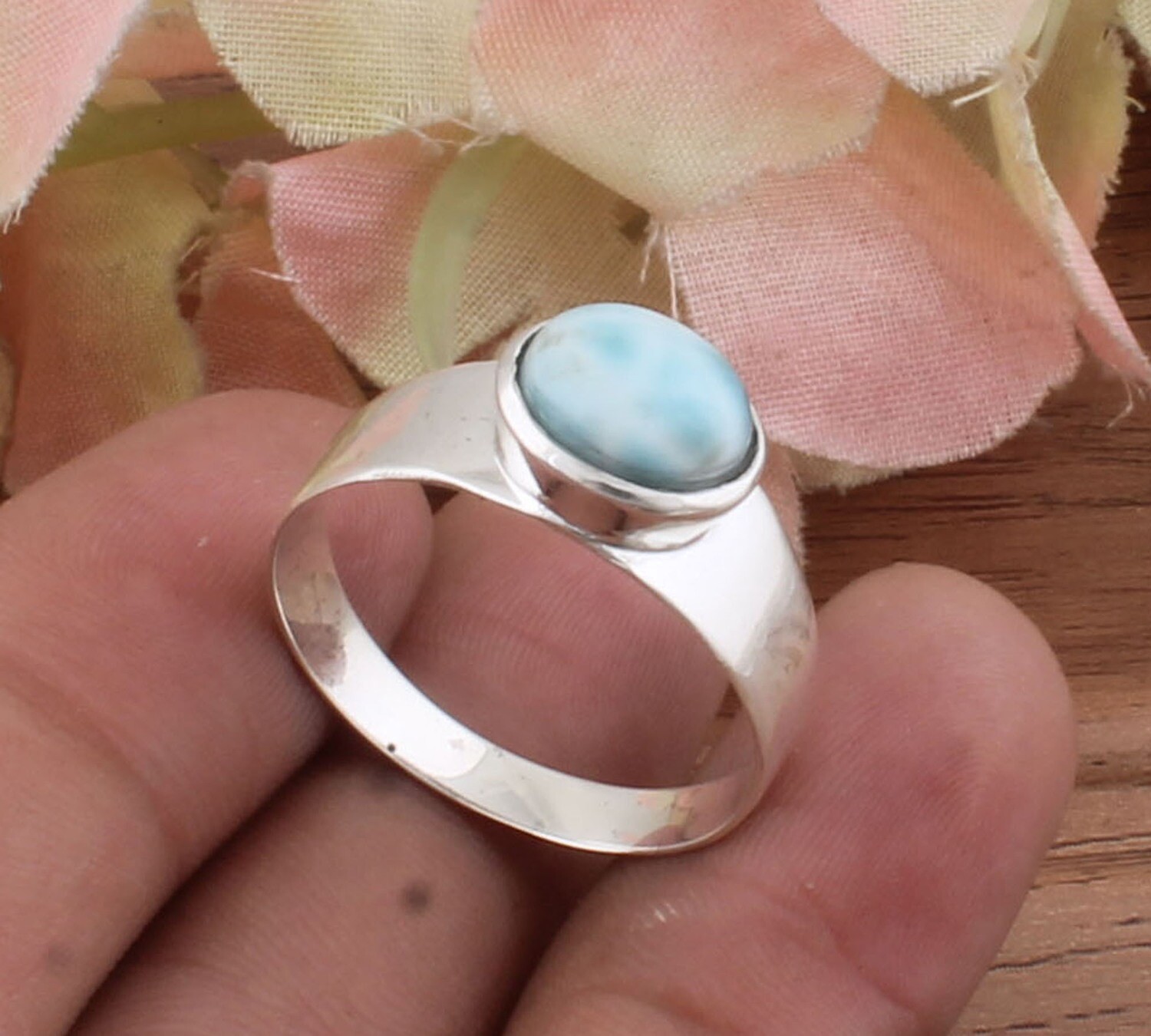 Amazing Natural Larimar Gemstone Band Ring- Cabochon Oval Stone Boho Ring - 925 Antique Silver Ring,Engagement Ring - Middle Finger Ring For Waddings Gifts Him