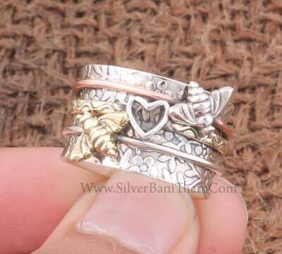 Love Bird Hand Carved Band Three Tone Spinner Ring 925 Sterling Silver &amp; Brass Heart Worry Jewelry Present For Her Honey Bee Thumb Ring Gift