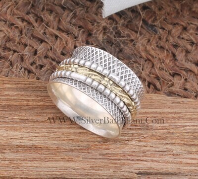 Amazing 925 Sterling Silver &amp; Brass Carved Spinner Ring | Designer Handmade Antiqued Silver Meditation Ring | Women Wedding Jewelry | Gift For Her