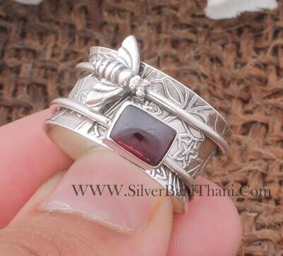Honey Bee Garnet Solid 925 Sterling Silver BirthStone Spinner Ring Handmade Bee Anxiety Finger Semi Preciues stone Gemstone Birthstone Gift