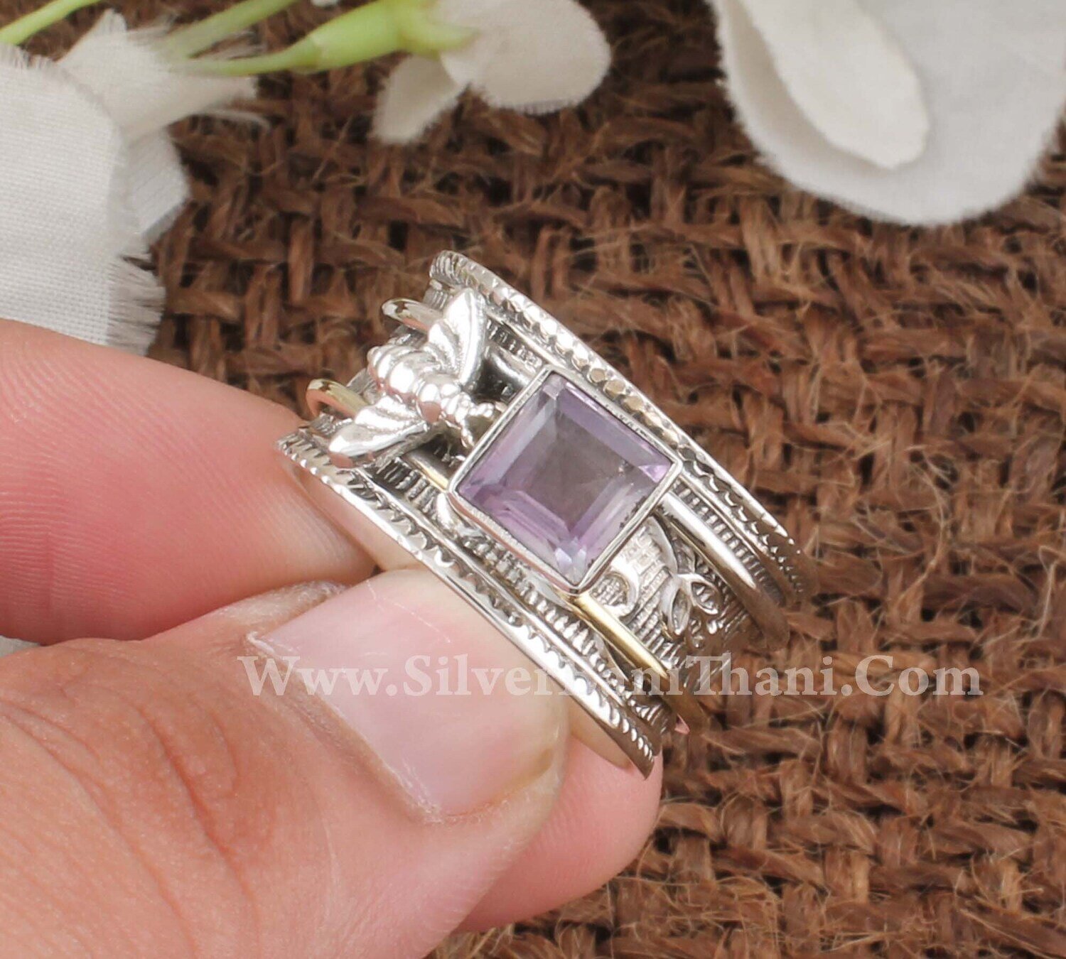 Amethyst Silver Spinner Ring | 925 Sterling Silver Faceted Cut Amethyst Spinner Ring | Designer Hand Carved Honey Bee Silver Ring