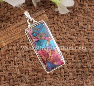 Multi Spiny Copper Turquoise Gemstone Pendant | 925 Sterling Silver Rectangle Gemstone Pendant | Designer Handmade Pendant Anniversary Gift