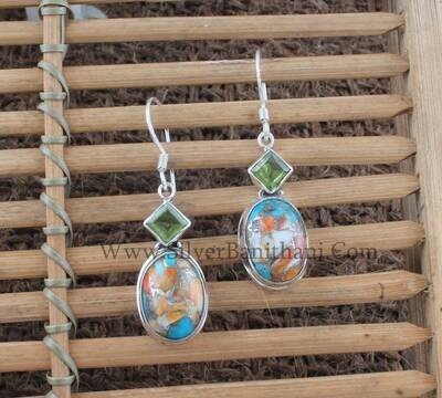 925 Sterling Solid Silver Earrings | Peridot &amp; Oyster Copper Turquoise Silver Earrings | Women Silver Earrings | Handmade Women Earring Gift