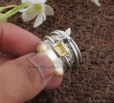 Yellow Cubic Zirconia Silver Spinner Ring | 925 Sterling Silver Faceted Cut Zircon Spin Rings | Designer Hand Carved Honey Bee Silver Ring