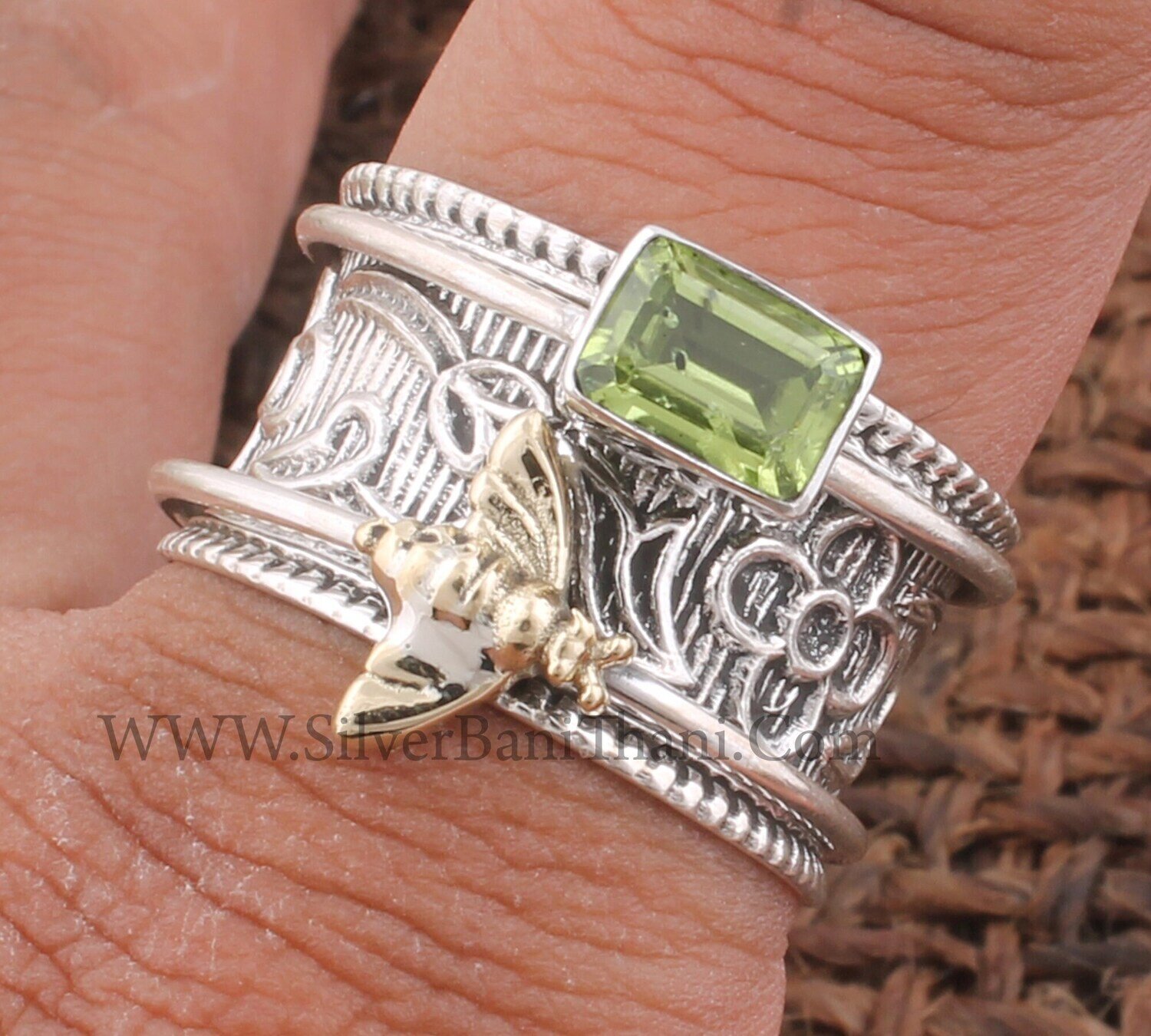 Amazing Natural Peridot Silver Spinner Ring | 925 Sterling Silver &amp; Brass Faceted Cut Peridot Spinner Band Ring | Hand Carved Honey Bee Silver Ring Gifts For Her