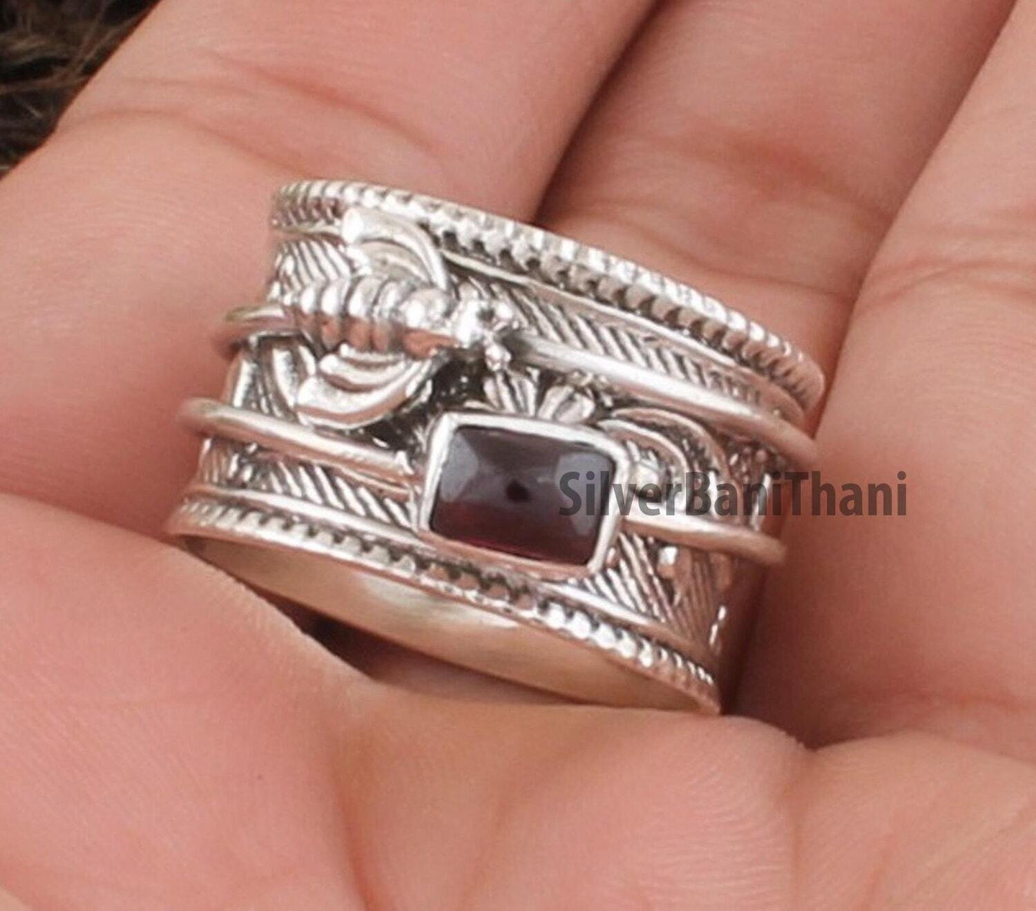 Honey Bee Solid 925 Sterling Silver  Red Garnet Spinner Ring For Women, Handmade Bee Anxiety Fidget Ring For Wedding Anniversary Gift