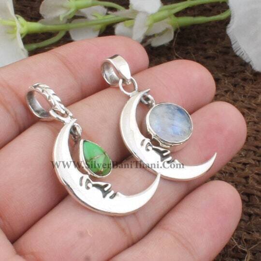 Moon Design Pendant-925 Sterling Solid Silver Pendant-Semi Precious Stone Pendant-Moon Pendant-Chand Pendant-Anniversary Gift Item Pendant