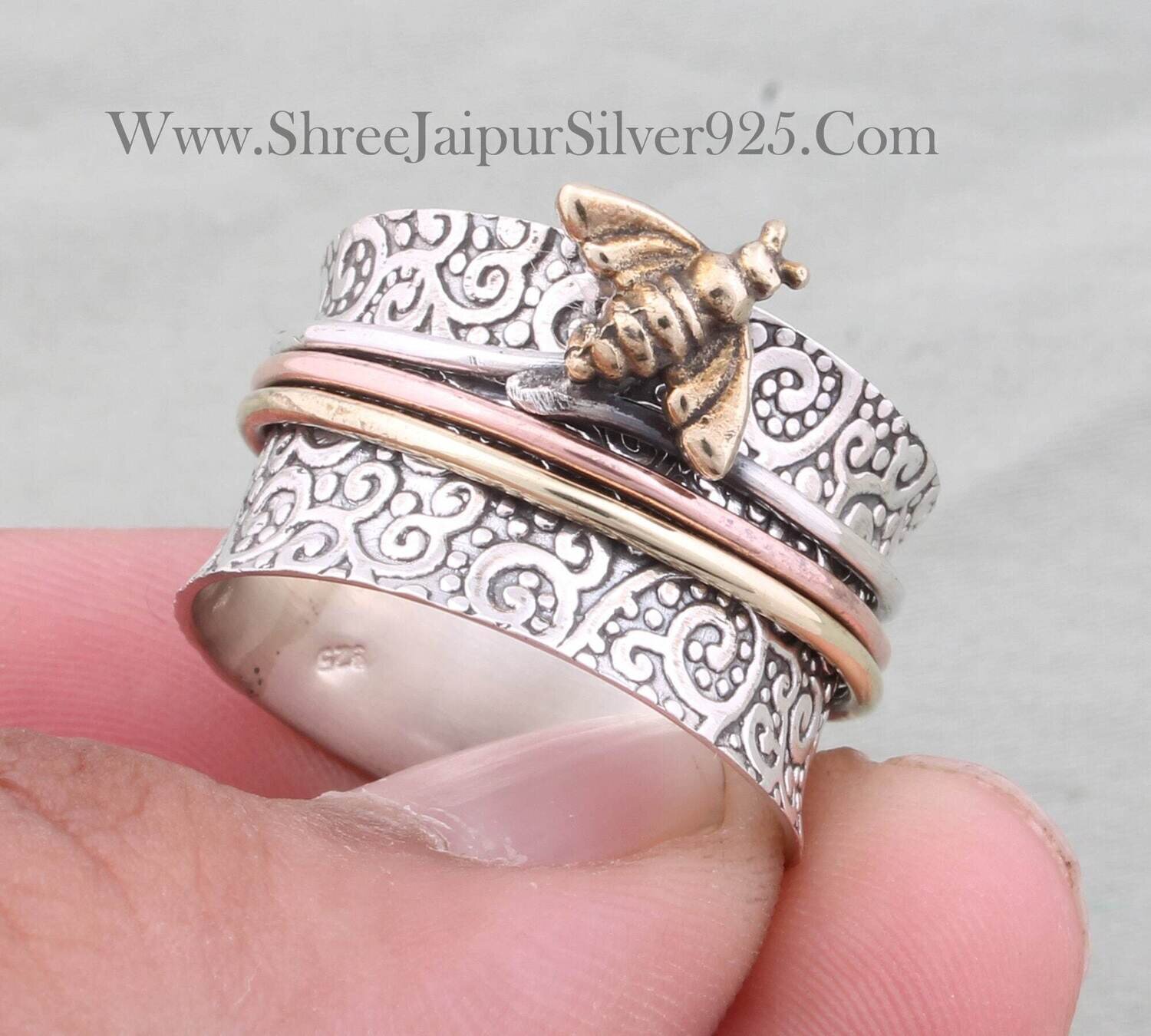 Honey Bee 925 Sterling Silver Designer Spinner Ring For Women, Handmade Three Tone Meditation Band Ring For Her, Silver Fidget Anxiety Ring