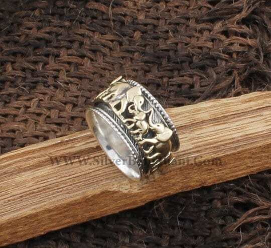 925 Sterling Silver &amp; Brass Elephants Family Spinner Ring | Designer Handmade Carved Meditation Ring | Women Wedding Jewelry | Gift For Her