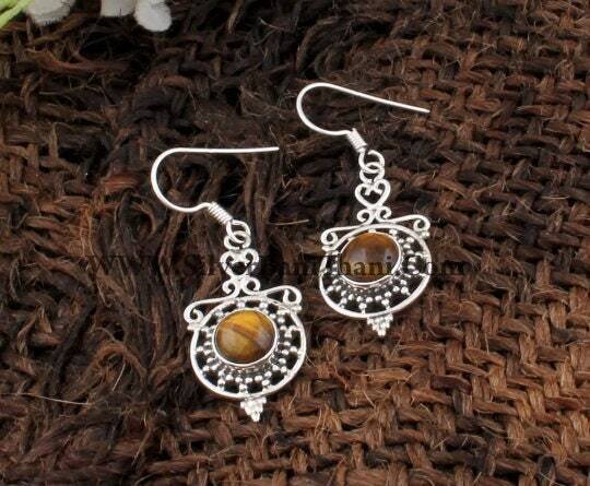 Tiger Eye Silver Earrings | 925 Sterling Solid Silver Earrings | Designer Filigree Round Gemstone Earrings | Christmas Gift | Weddings Gift For Her