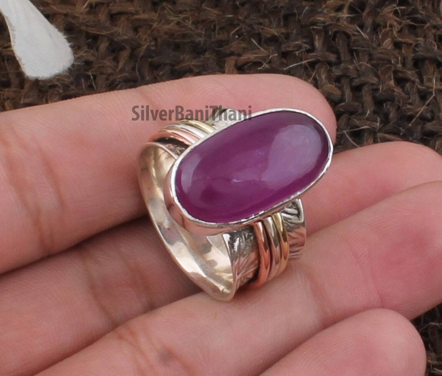 925 Sterling Silver &amp; Brass Purple Jade Spinner Ring | Designer Handmade Carved Silver Meditation Ring | Women Jewelry |Valentine's Day Gifts