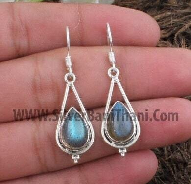 925 Sterling Solid Silver  Labradorite Silver Earrings | Designer Pear Gemstone Earrings | Handmade Jewelry | Women Earrings Gift
