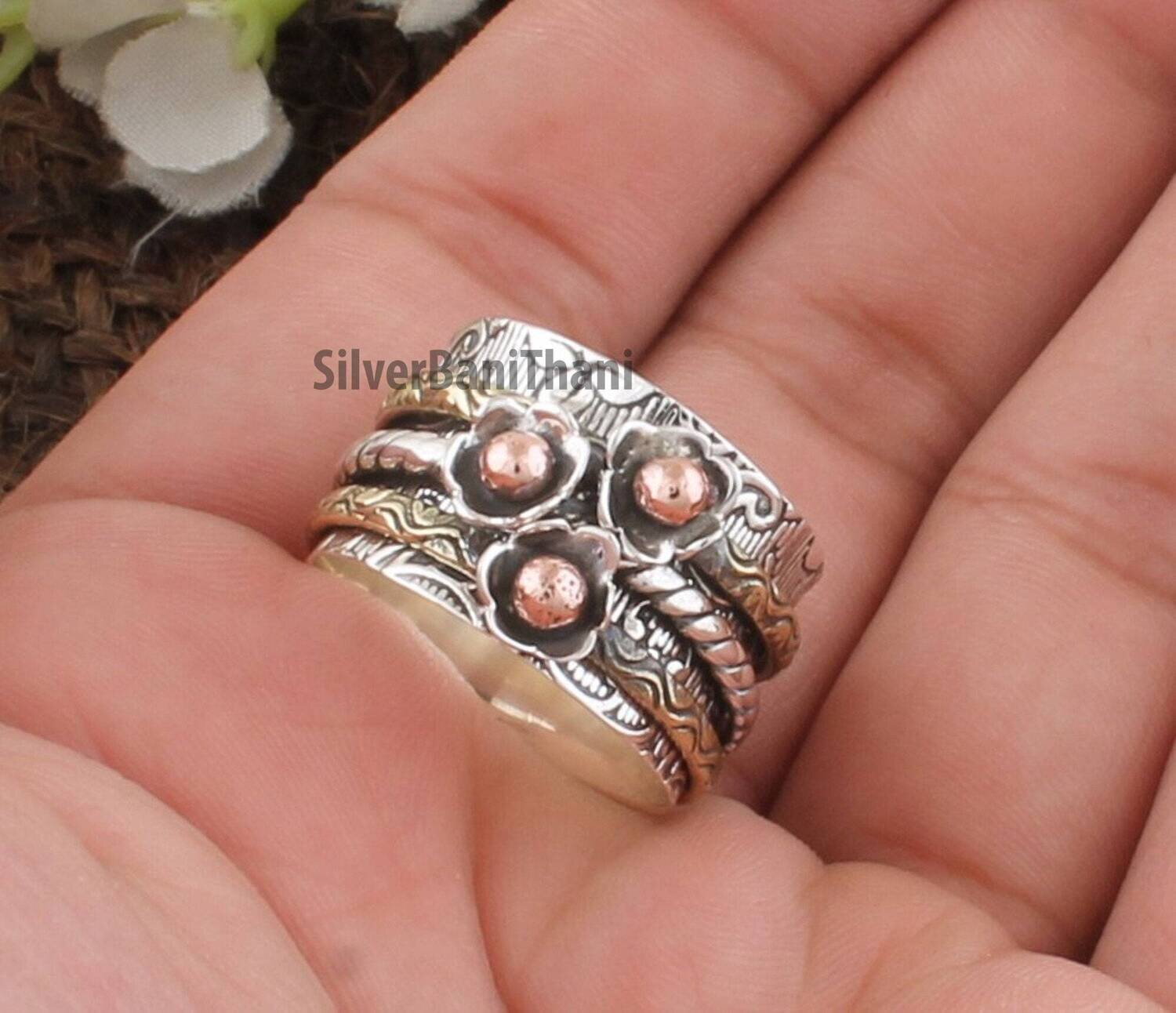 925 Sterling Silver &amp; Brass Flower Carved Spinner Ring | Designer Handmade Antiqued Silver Meditation Ring | Valentine's Day Gift Jewelry
