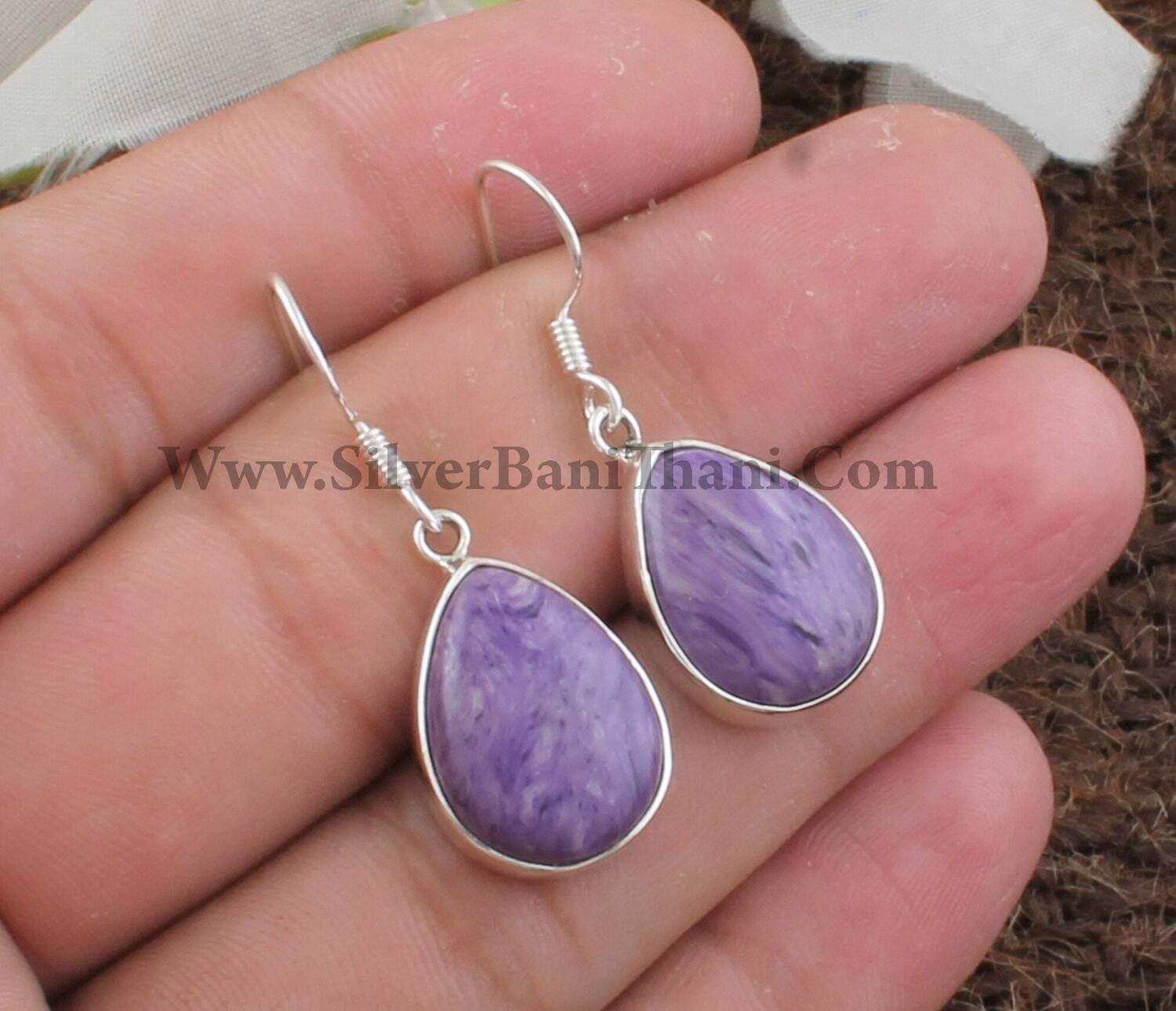 Charoite Gemstone Silver Earrings | 925 Sterling Solid Silver Earrings | Designer Pear Gemstone Earrings | Handmade Women Jewelry Gift Idea