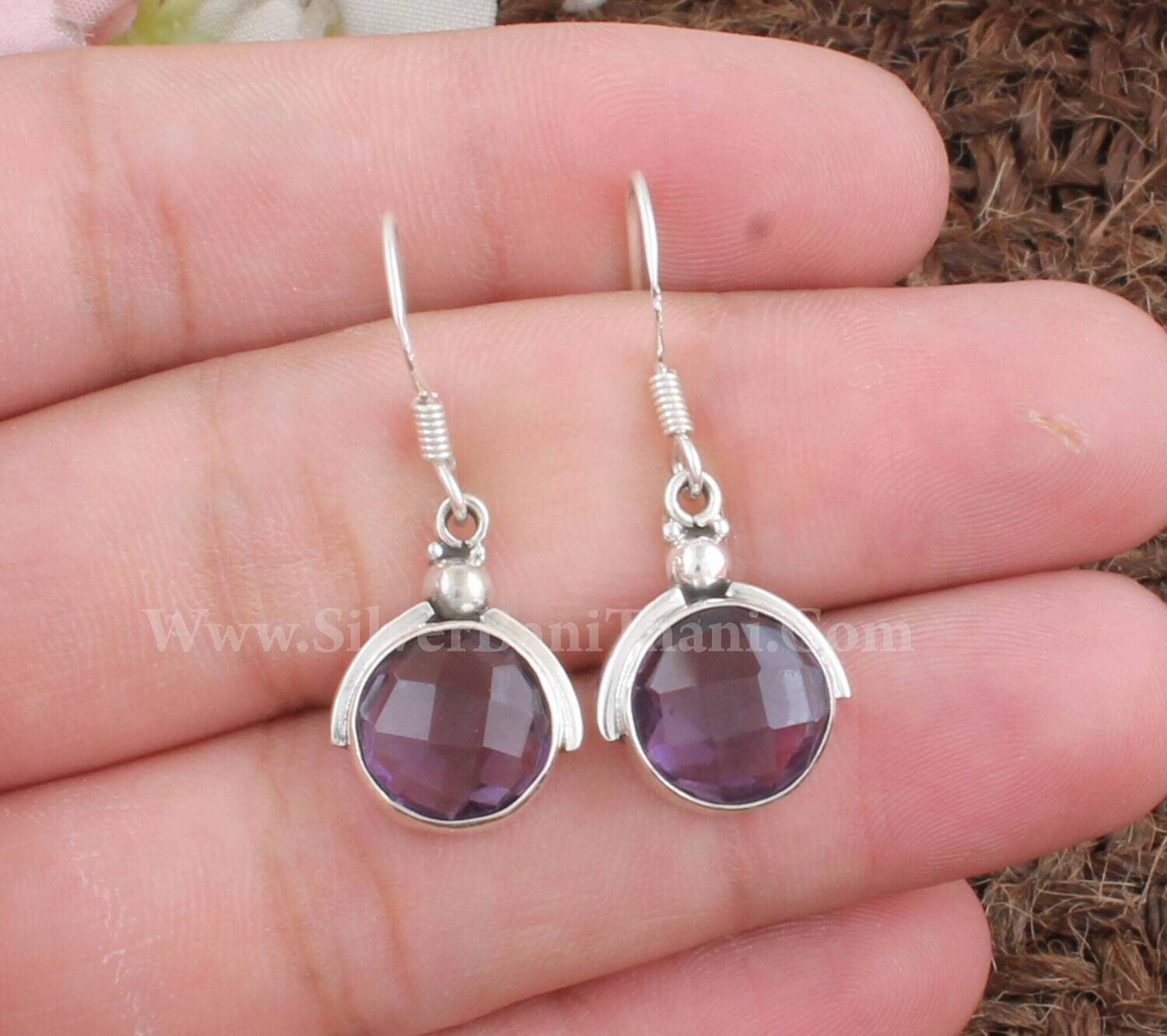 925 Sterling Solid Silver Amethyst Gemstone Earrings | Designer Round Shape Gemstone Earring | Handmade Bridal Jewelry l Women For Gift Idea