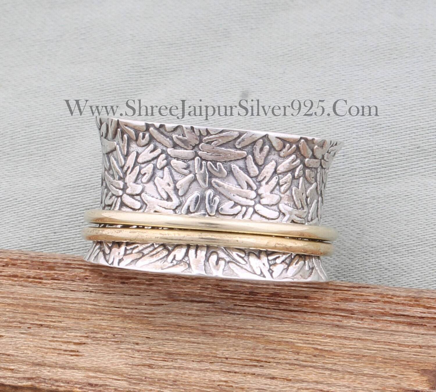 Engraved 925 Sterling Silver Designer Spinner Ring For Women, Handmade Two Tone Meditation Band Ring For Her, Silver Fidget Anxiety Ring